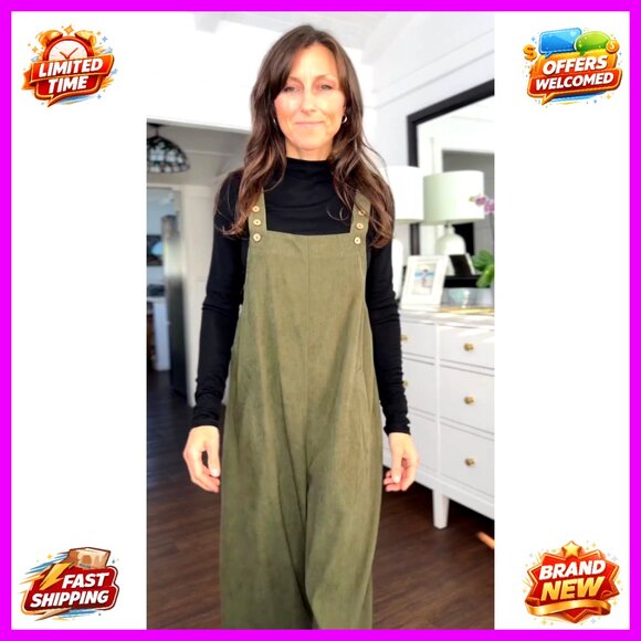 Corduroy Wide Leg Jumpsuit Adjustable Romper with Pockets Sleeveless Overalls - Picture 7 of 7